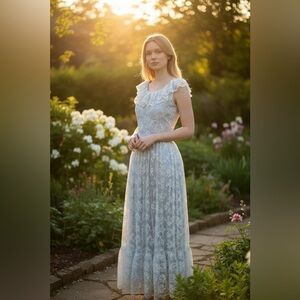 Vtg 70s White Lace Overlay Blue Satin Sleeveless Handmade “Gunne Style” Maxi XS